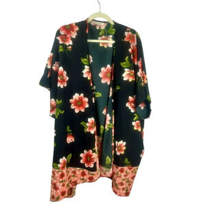 Speed Limit Open Poncho Kimono Women Plus 3X Black Pink Floral Dolman Sleeves